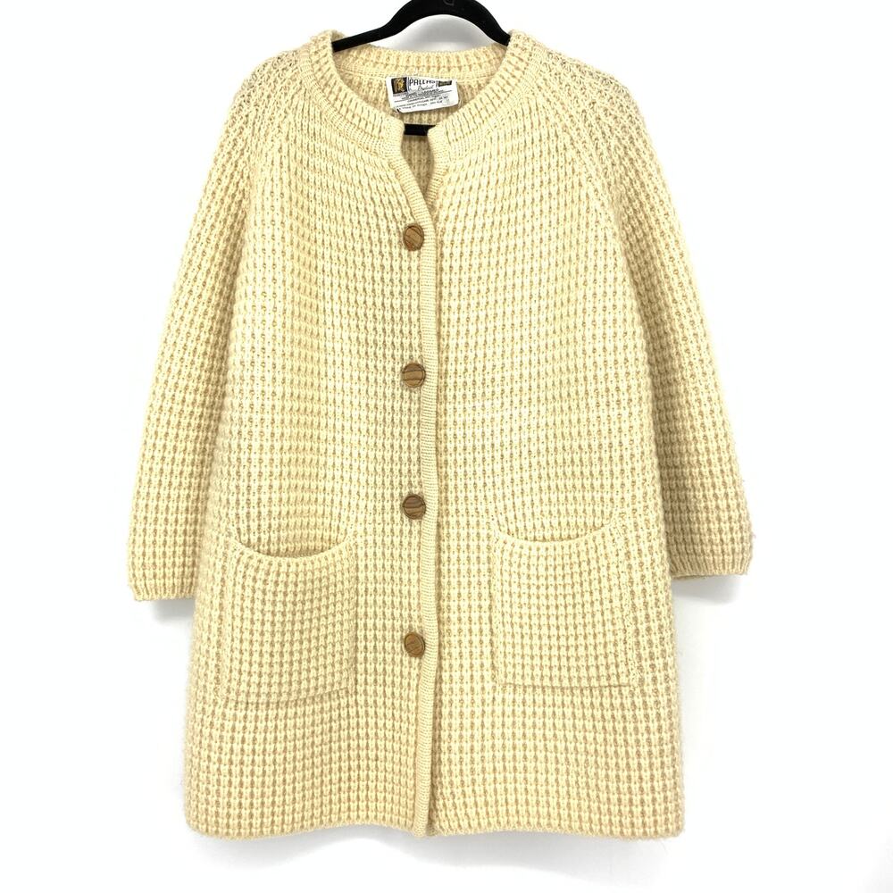VTG Pallas Hand Loomed Irish Wool Sweater Coat Womens Sz L/XL Cream Button Front